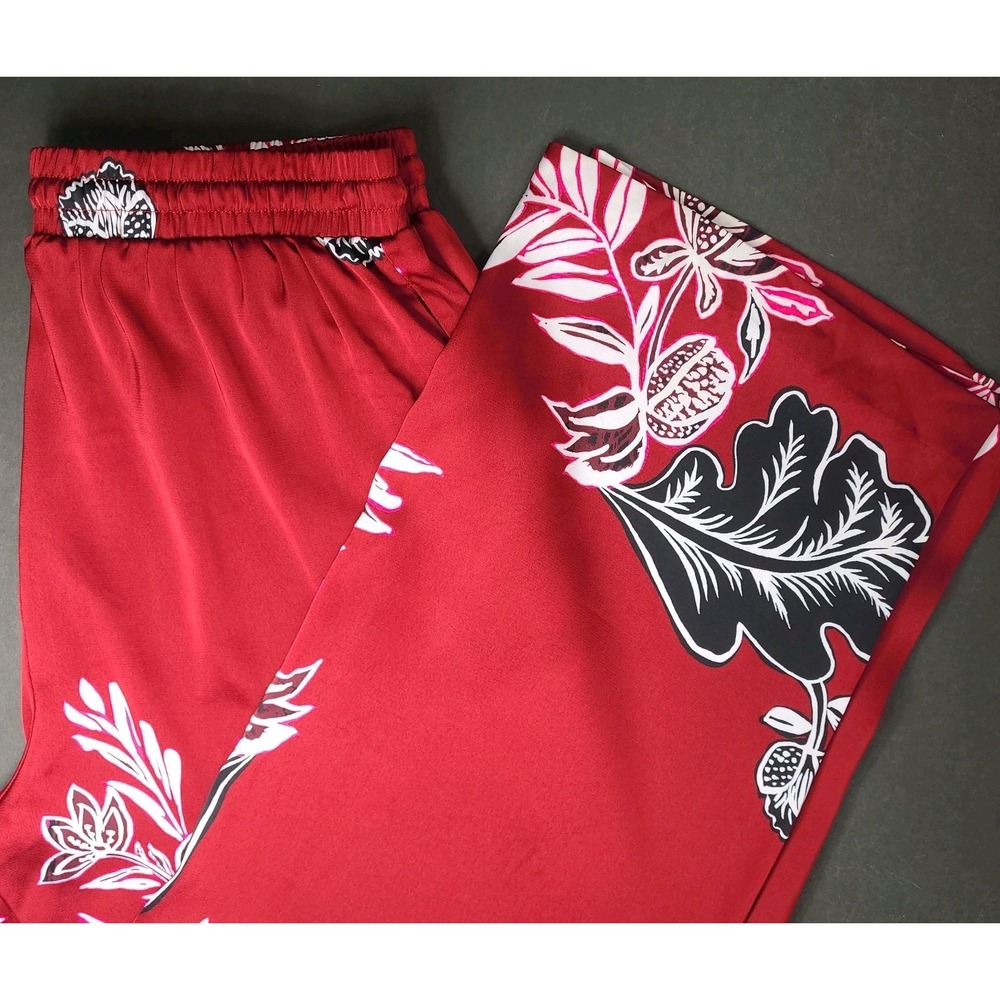 Rafaella Floral Wide Leg Pants Women's Size Large Red Black White Drawstring EUC